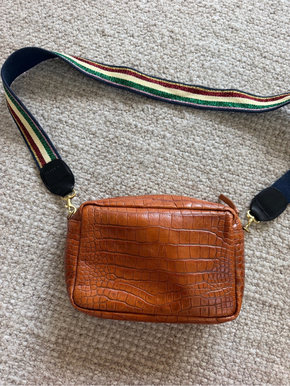 Clare V Croc Crossbody Bag with Striped Adjustable Strap